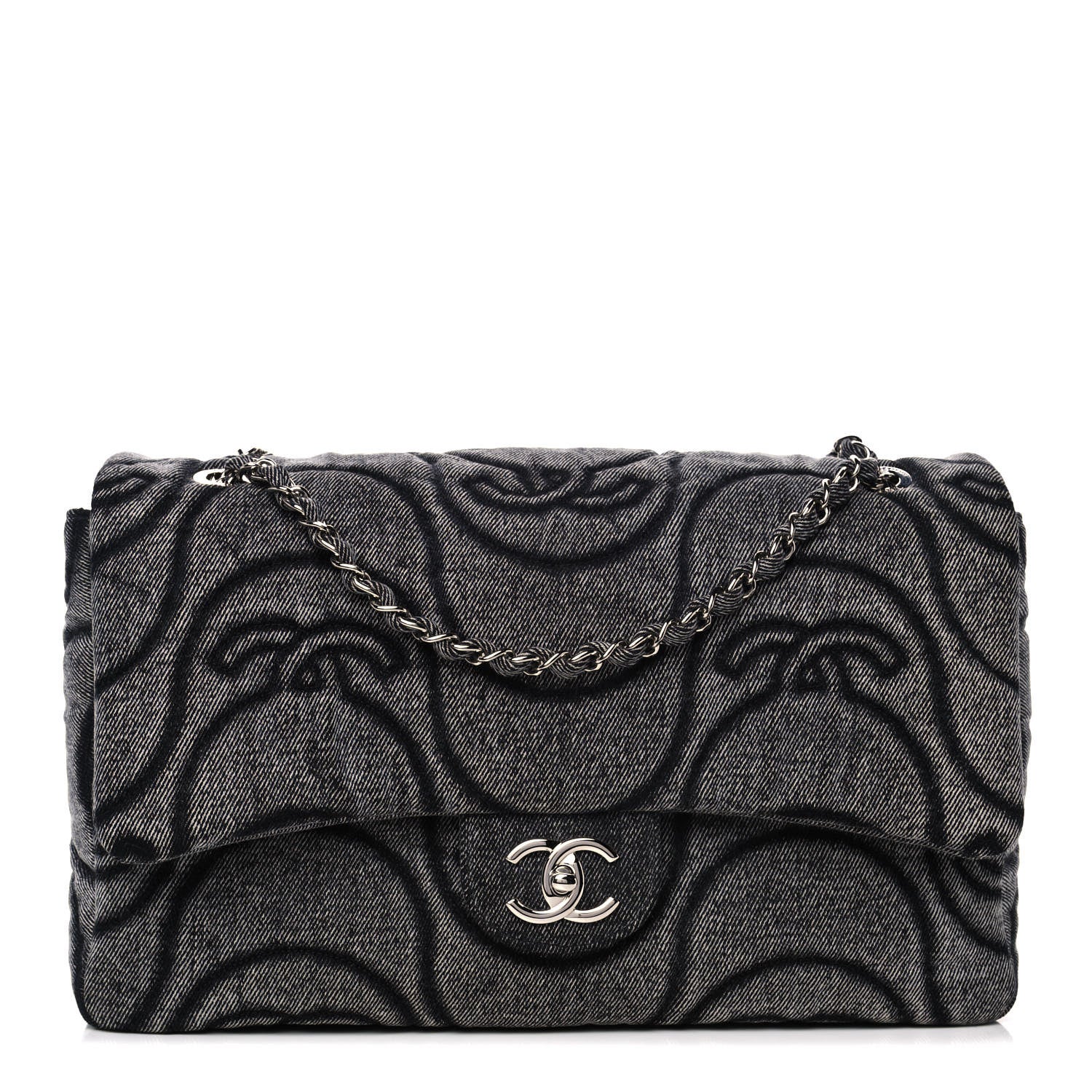 Chanel Denim Embossed CC Logo Print Jumbo Single Flap Grey Black 1 of 10