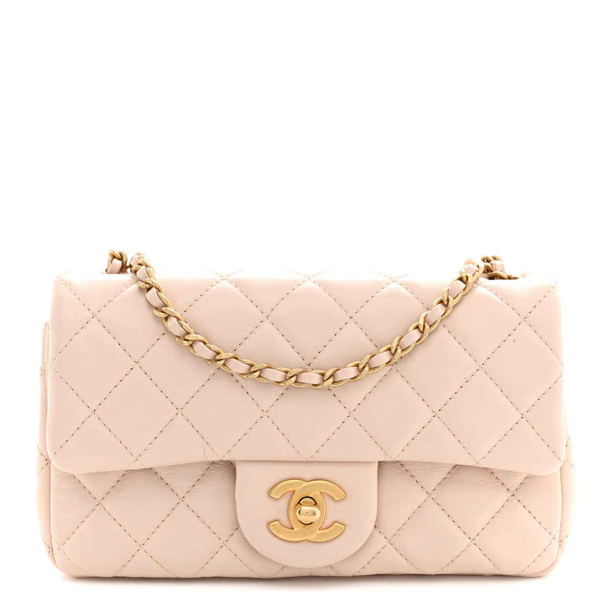 Lambskin Quilted Mini Rectangular Pearl Crush Flap Light Beige