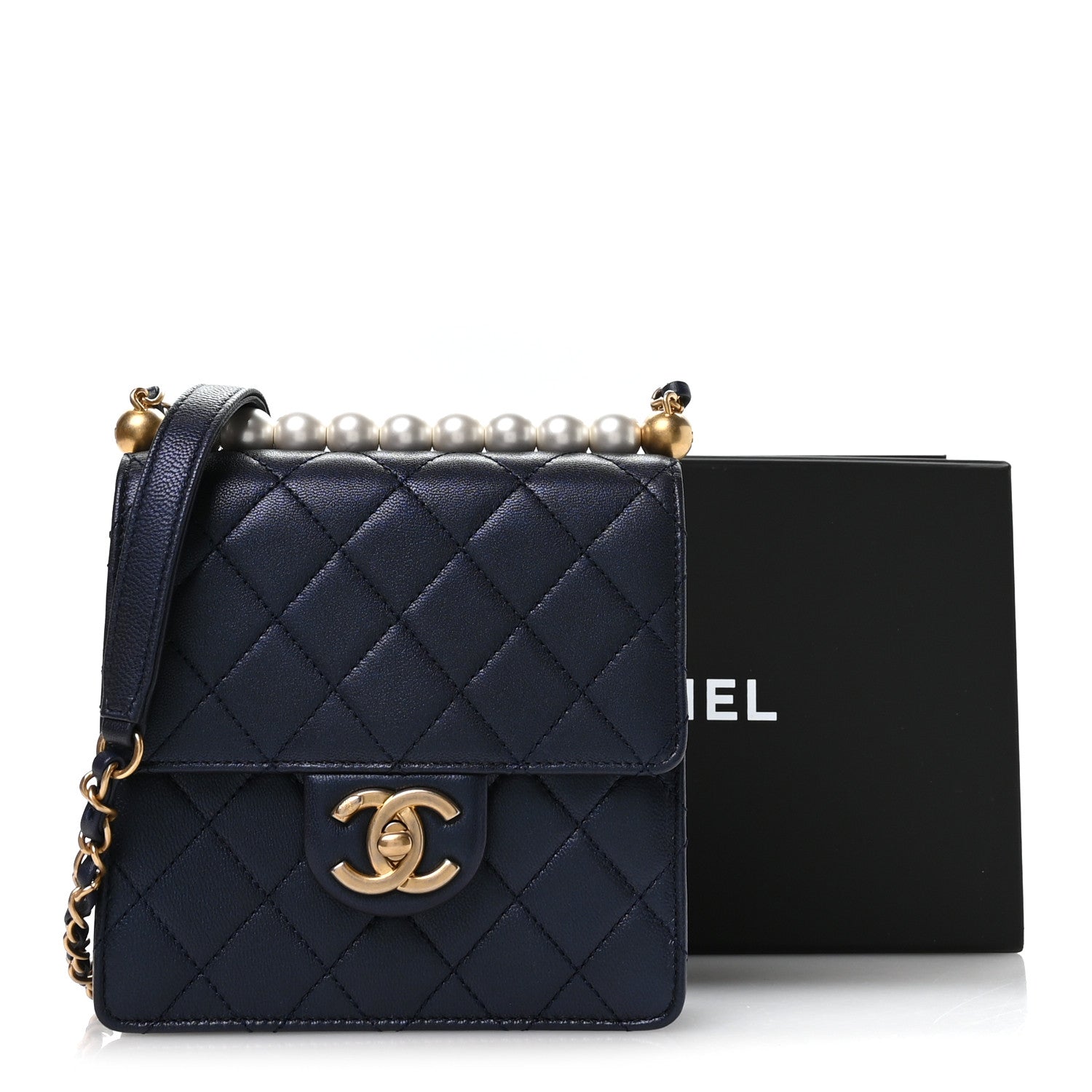 Chanel Iridescent Lambskin Quilted Chic Pearls Flap Navy Blue 11 of 11
