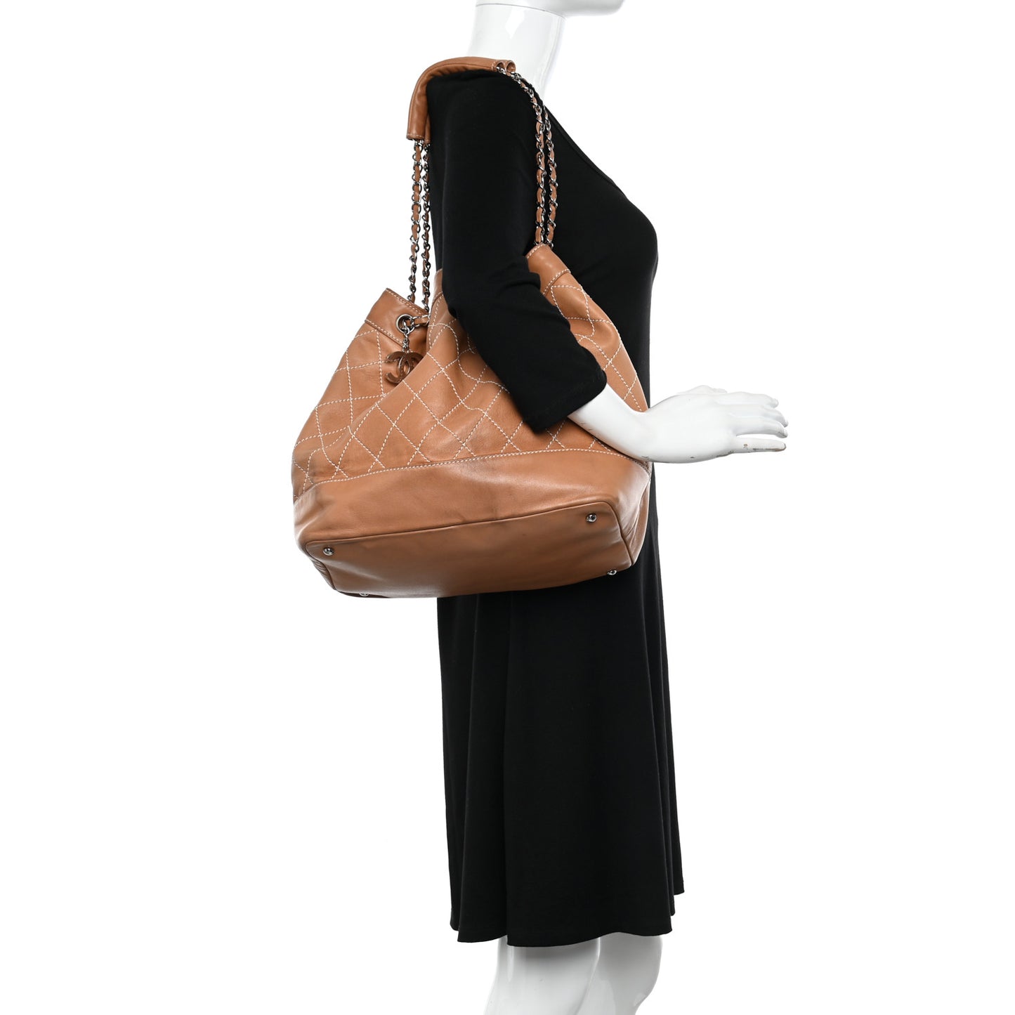 Lambskin Contrast Stitch Large Drawstring Tote Dark Beige