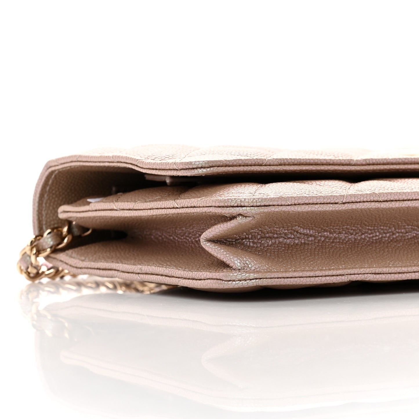 Iridescent Caviar Quilted Wallet on Chain WOC Beige