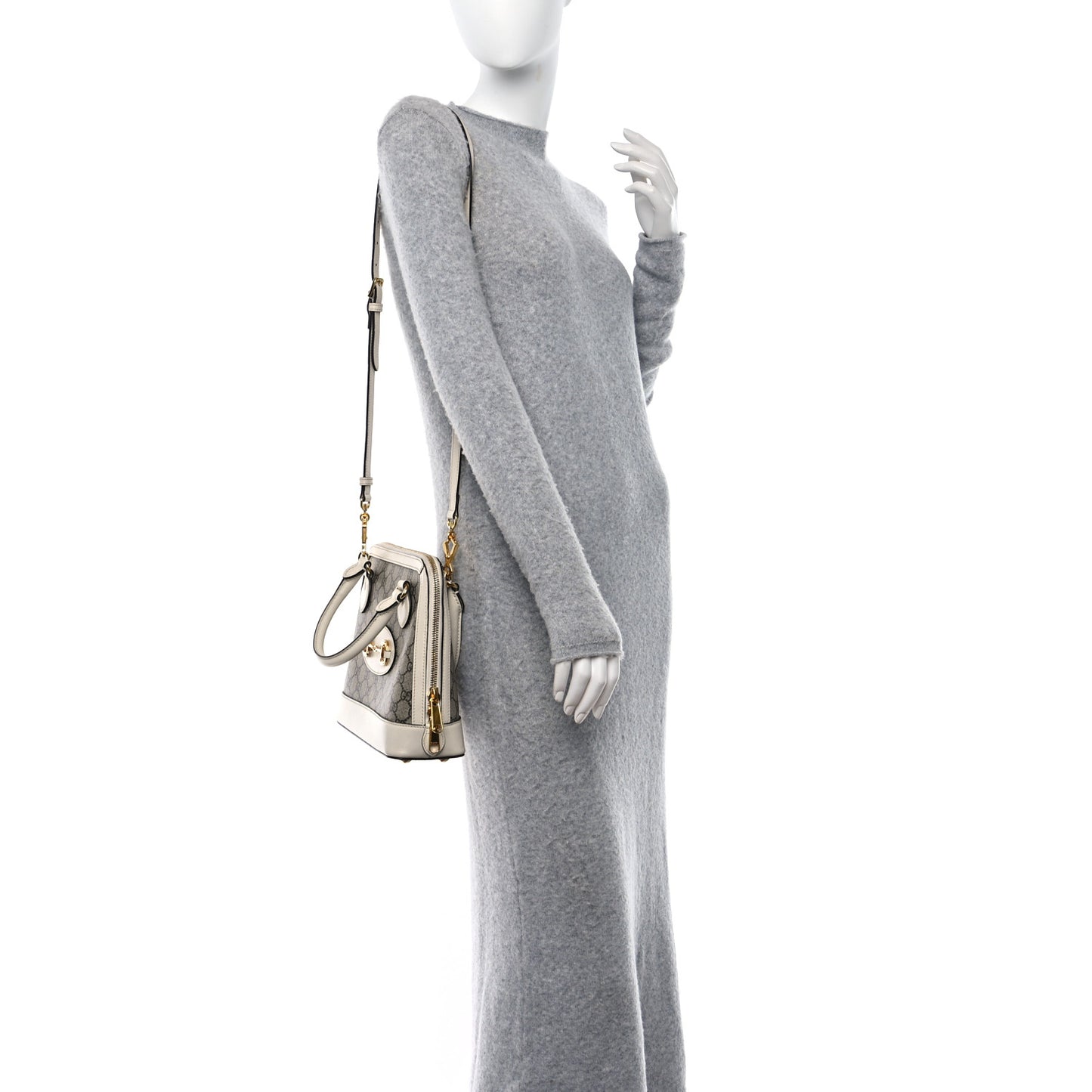 GG Supreme Monogram Azalea Calfskin Small Horsebit 1955 Top Handle Bag Beige Ebony Mystic White