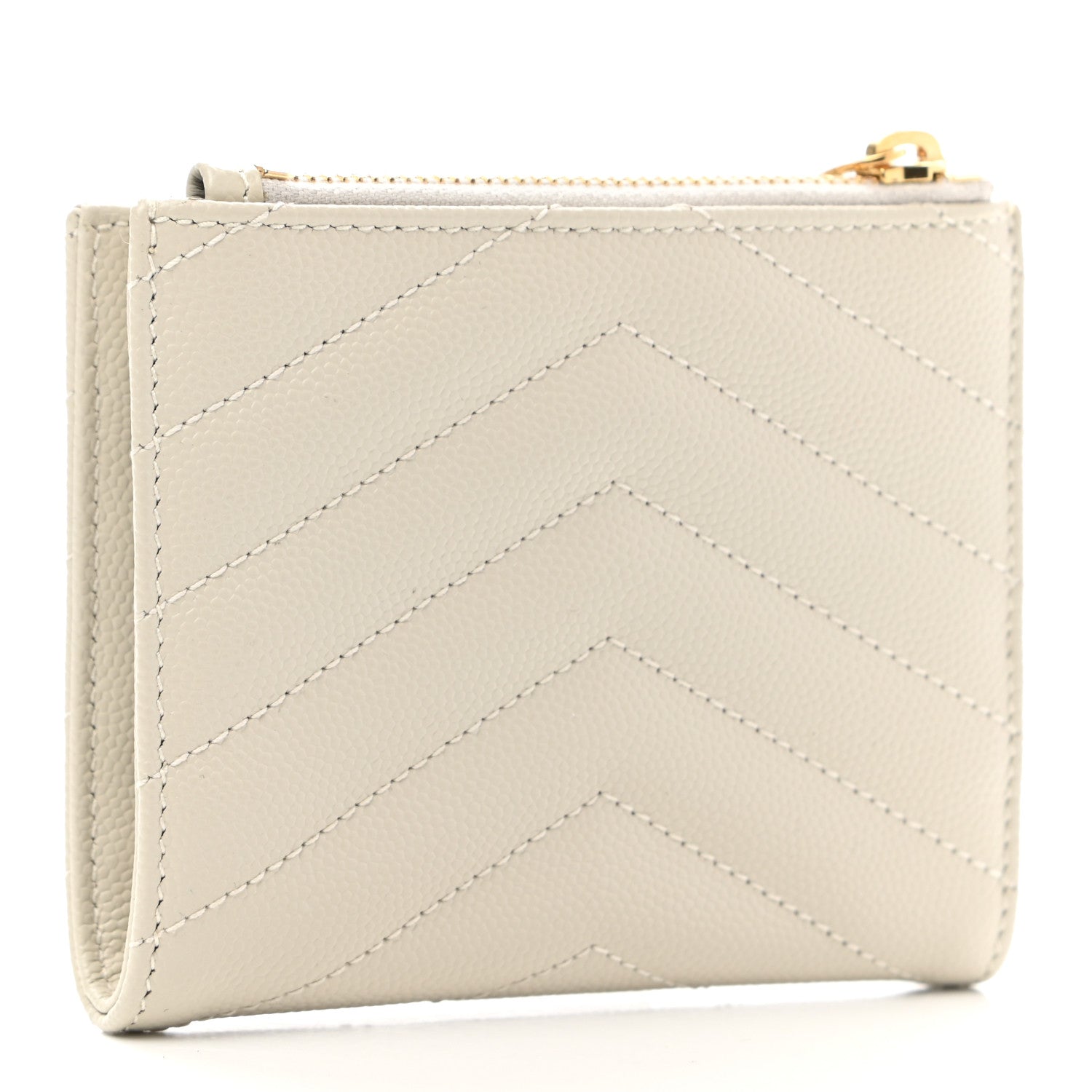 Saint Laurent Grain De Poudre Matelasse Chevron Monogram Zipped Card Case Crema Soft 3 of 7