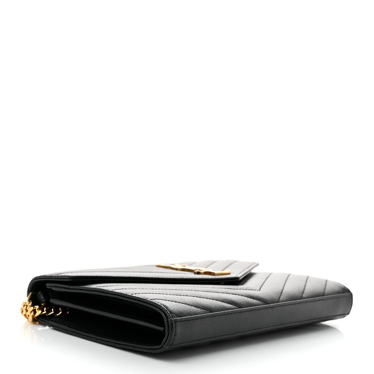 Saint Laurent Grain De Poudre Matelasse Chevron Monogram Chain Wallet Black 3 of 12