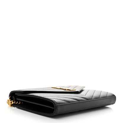 Saint Laurent Grain De Poudre Matelasse Chevron Monogram Chain Wallet Black 3 of 12