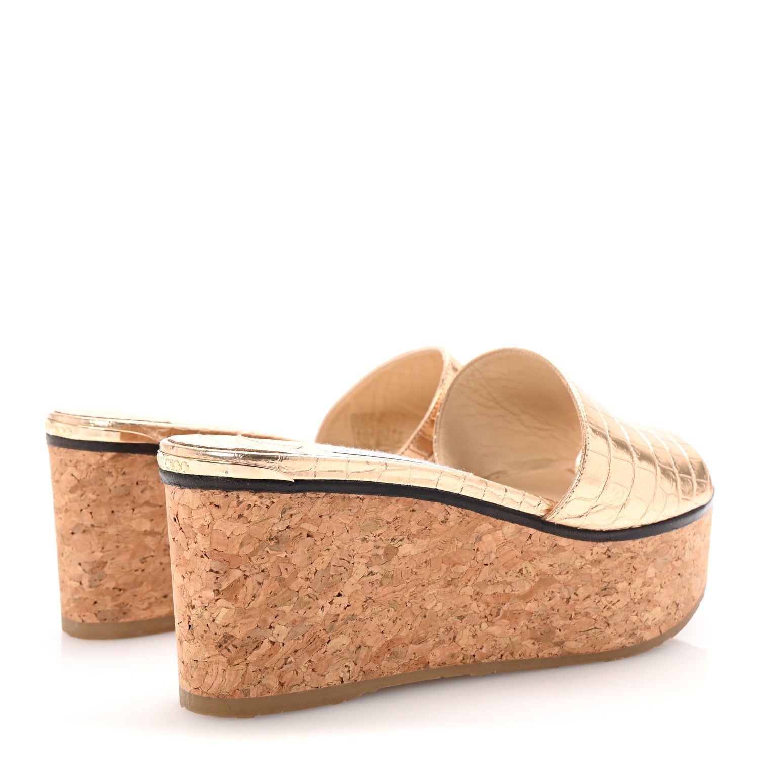 Jimmy Choo Metallic Calfskin Crocodile Embossed Cork DeeDee Platform Wedge Slide Sandals 37.5 Gold 5 of 8