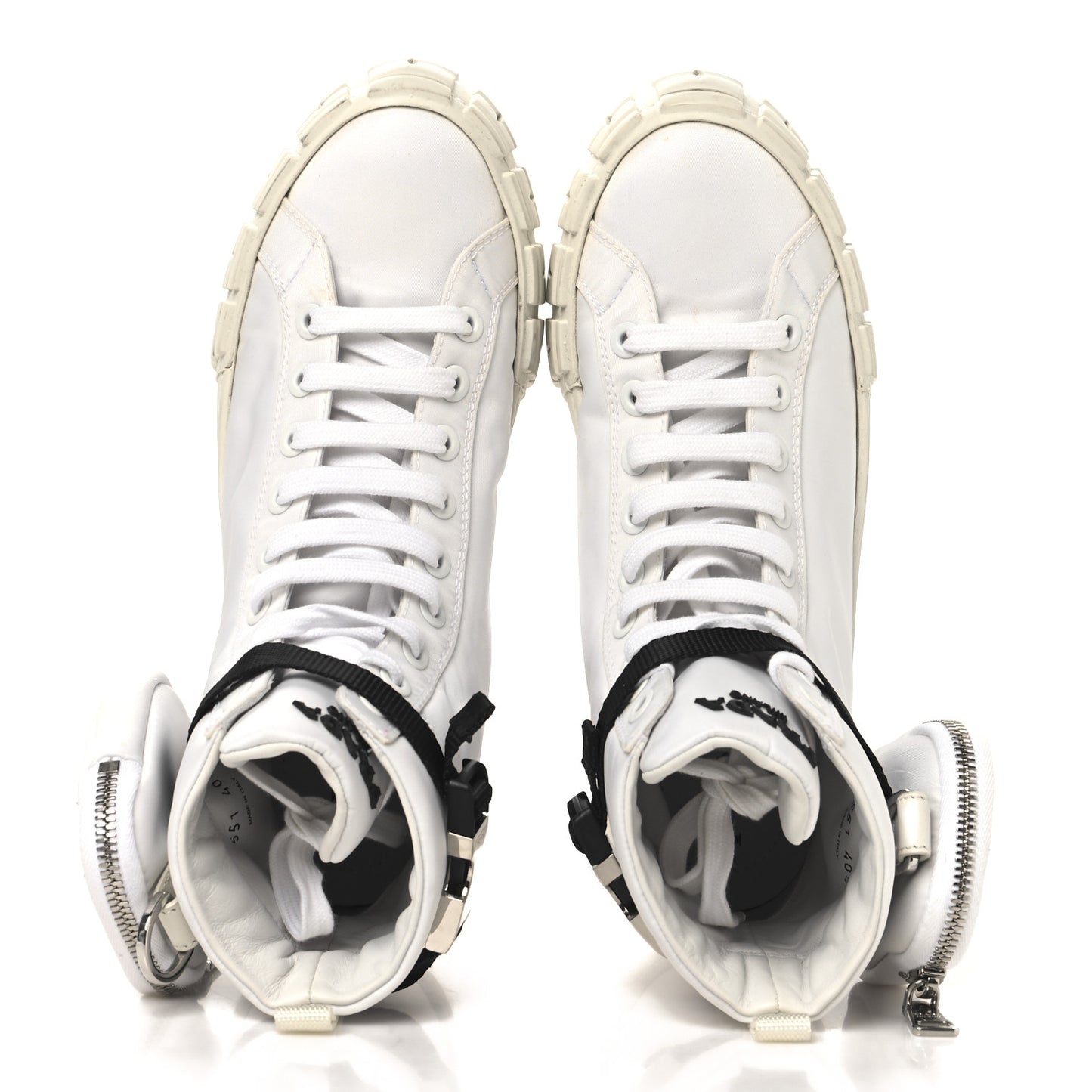 Re-Nylon Gabardine Metal Triangle Logo Wheel Pouch Pocket High Top Sneakers 40.5 White