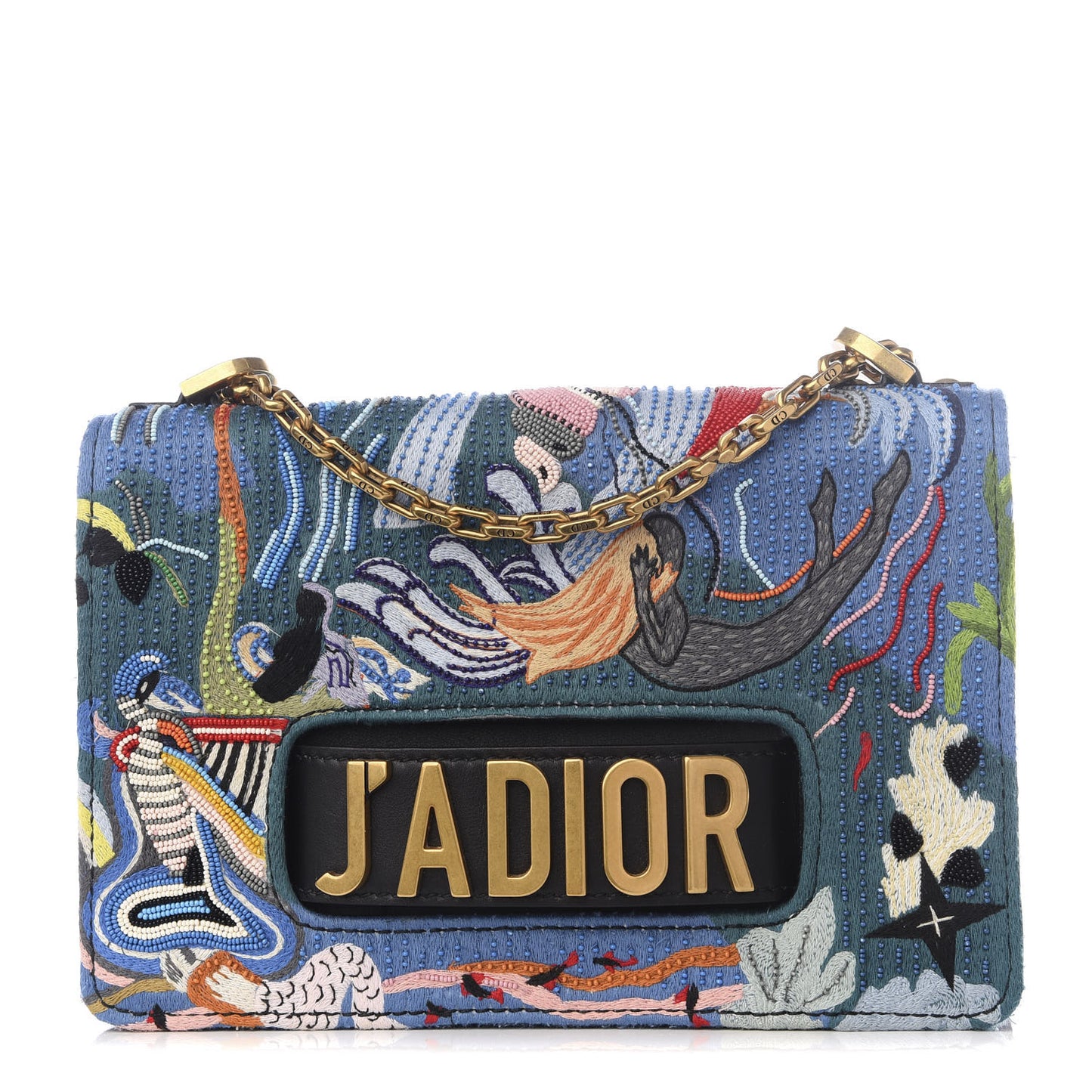 Calfskin Bead Embroidered J'Adior Chain Flap Bag Blue