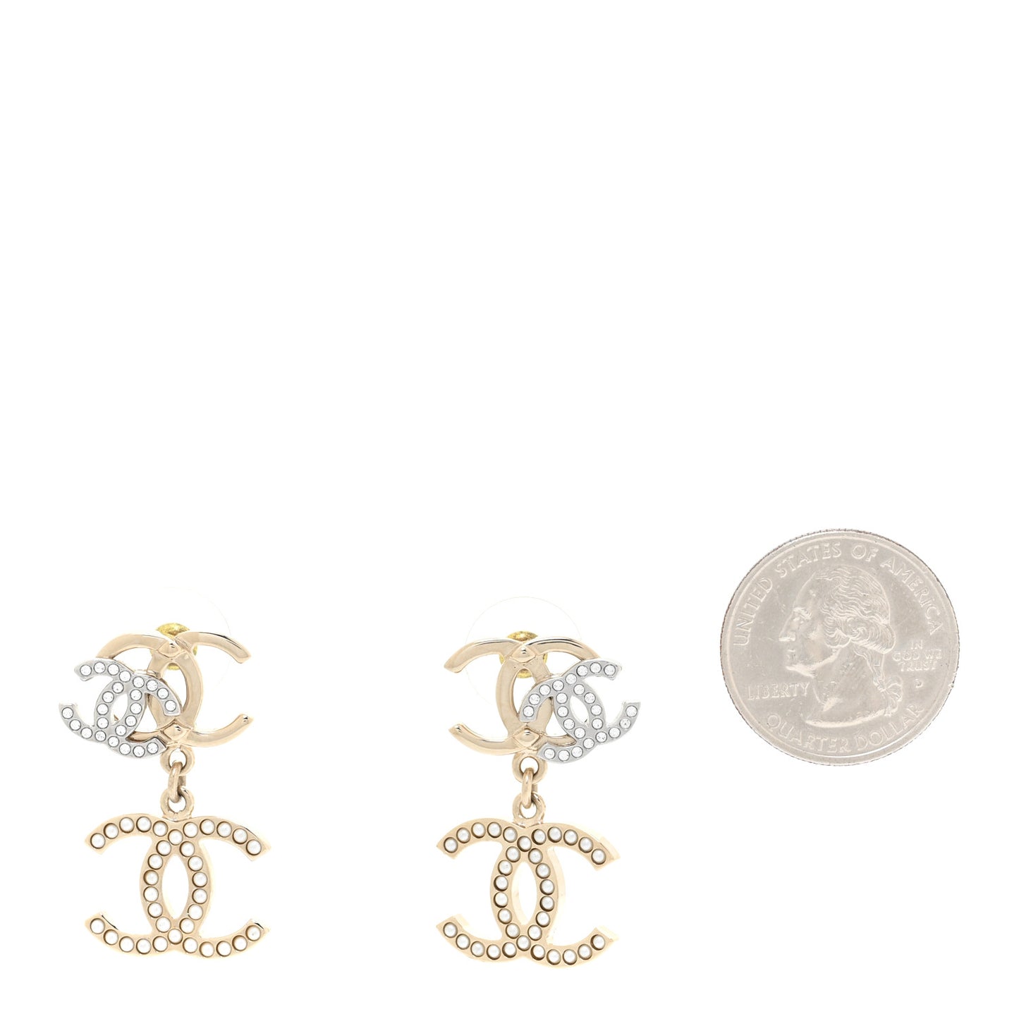 Crystal Pearl Double CC Drop Earrings Gold Silver