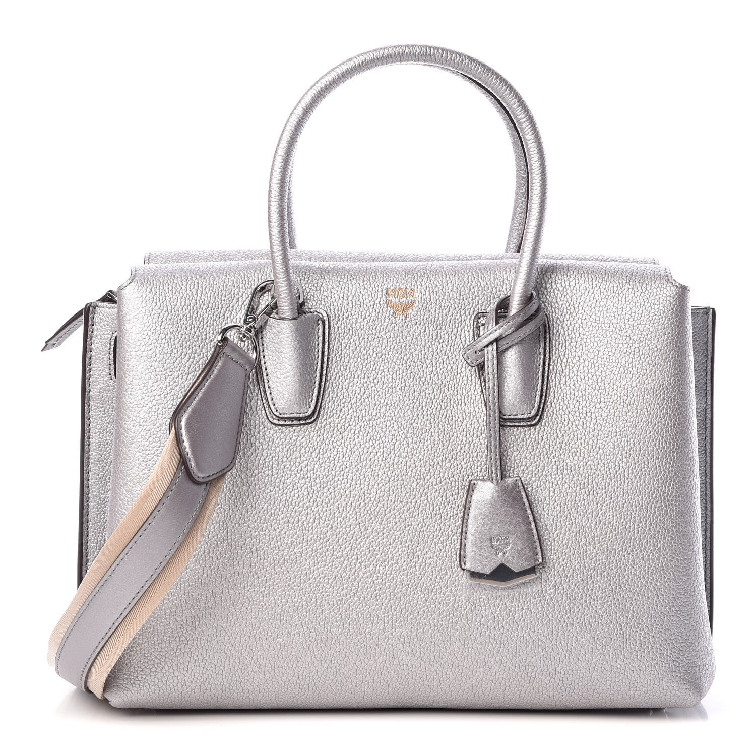 MCM Metallic Grained Calfskin Medium Milla Tote Spike Silver 1 of 8