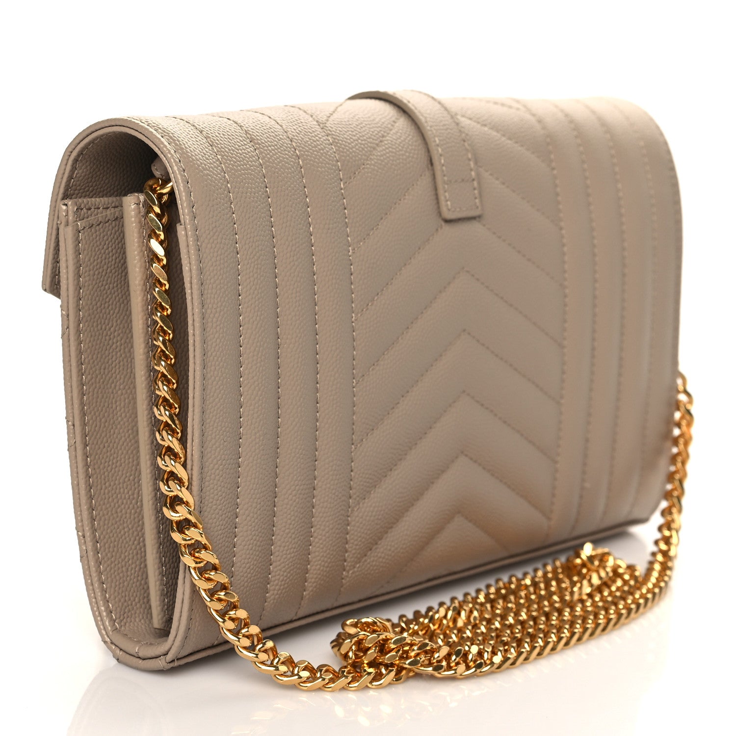 Saint Laurent Grain De Poudre Mixed Matelasse Triquilt Monogram Chain Wallet Dark Beige 3 of 10