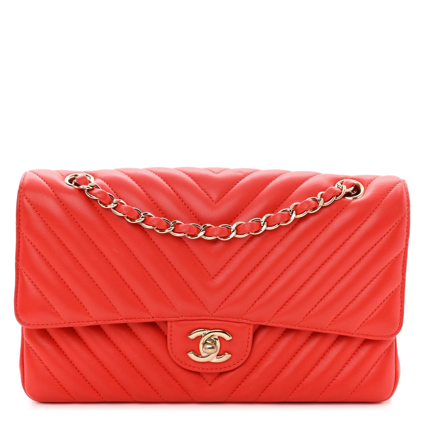 Lambskin Chevron Quilted Medium Double Flap Red