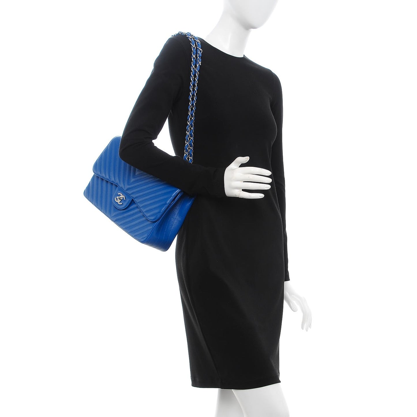 Caviar Chevron Quilted Jumbo Double Flap Bright Blue