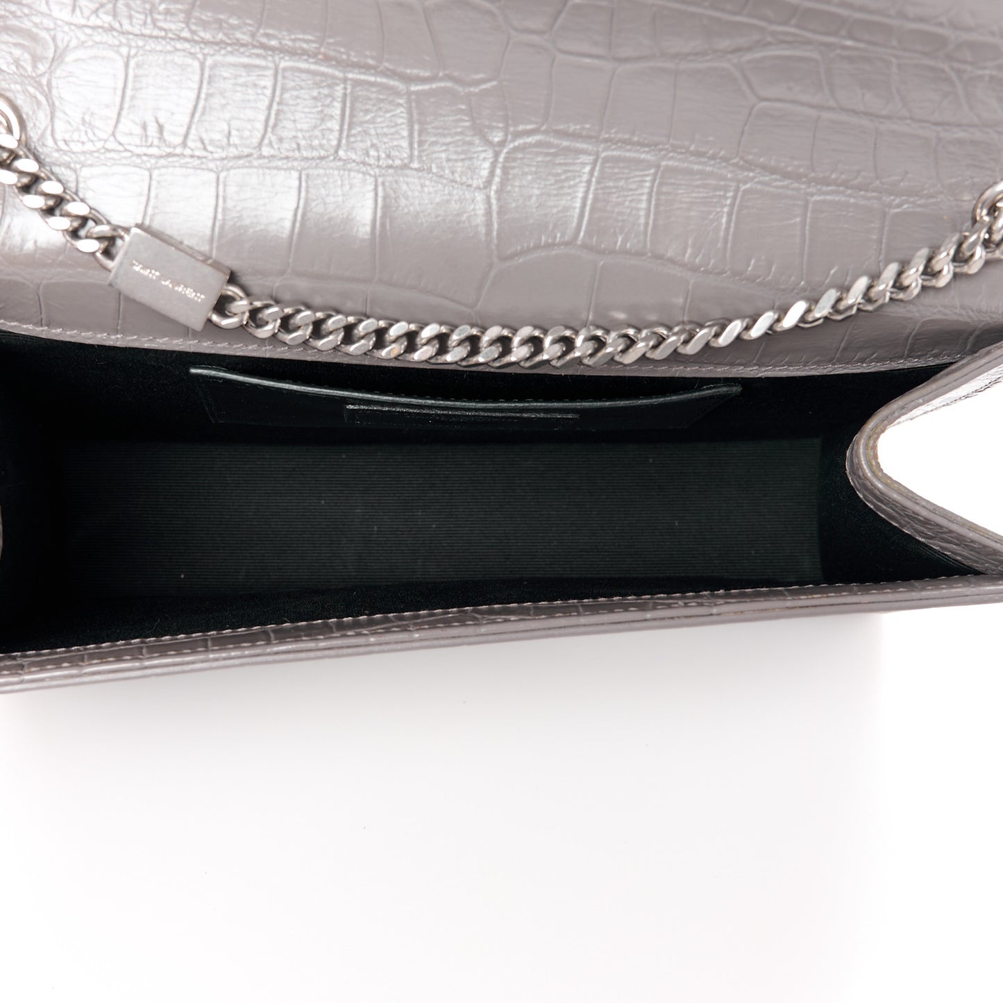 SAINT LAURENT Calfskin Crocodile Embossed Medium Classic Monogram Kate Tassel Satchel Fog