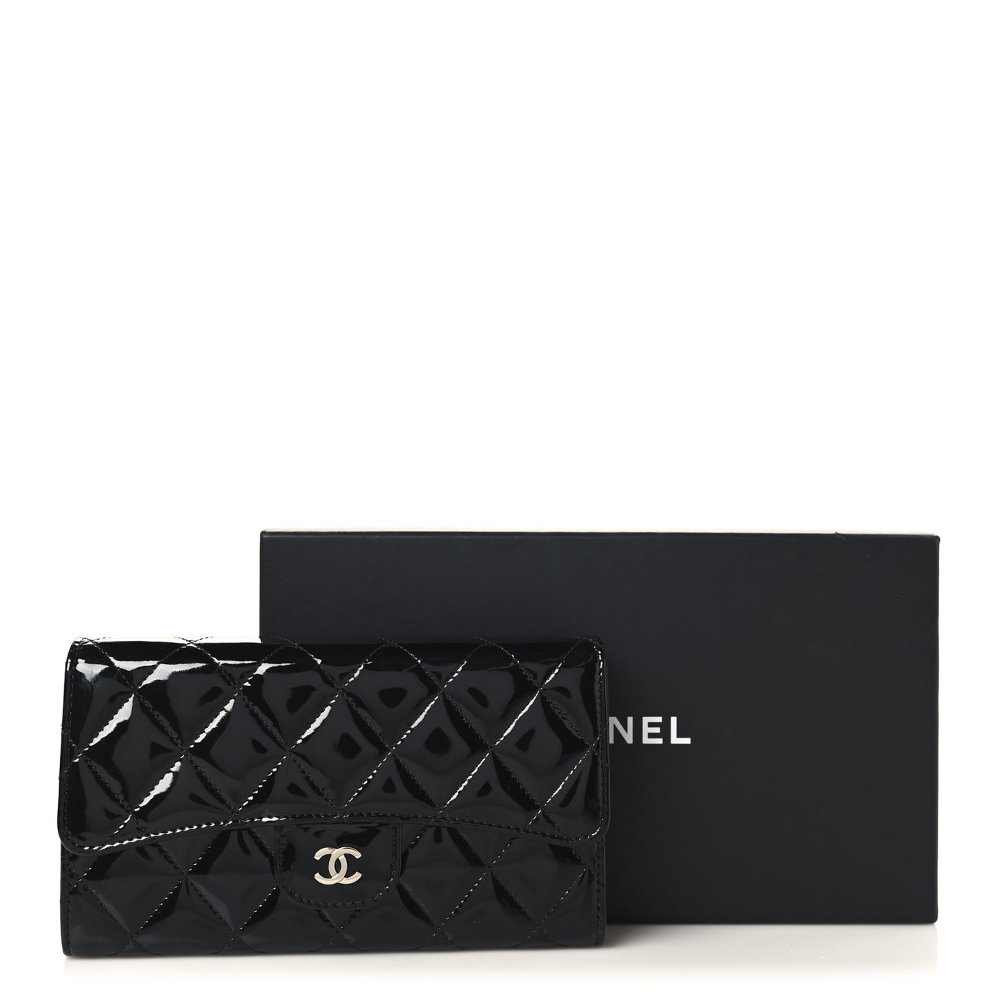 Patent Quilted Large Flap Wallet Black