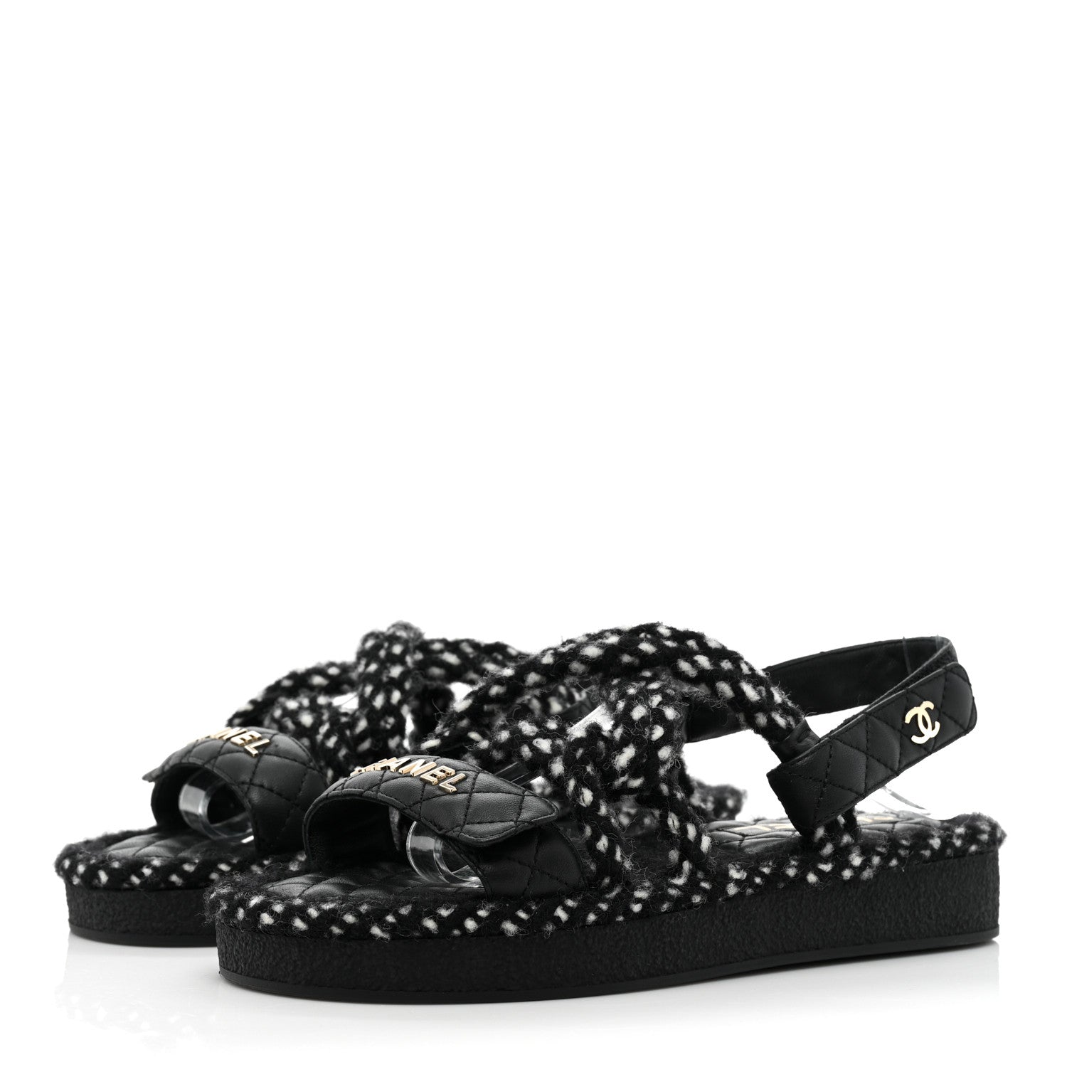 Chanel Cord Lambskin Quilted Logo Sandals 37 Black White 3 of 8