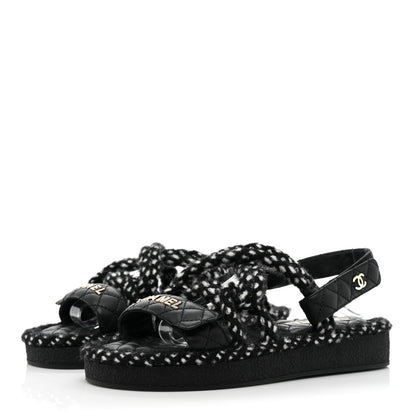 Chanel Cord Lambskin Quilted Logo Sandals 37 Black White 3 of 8