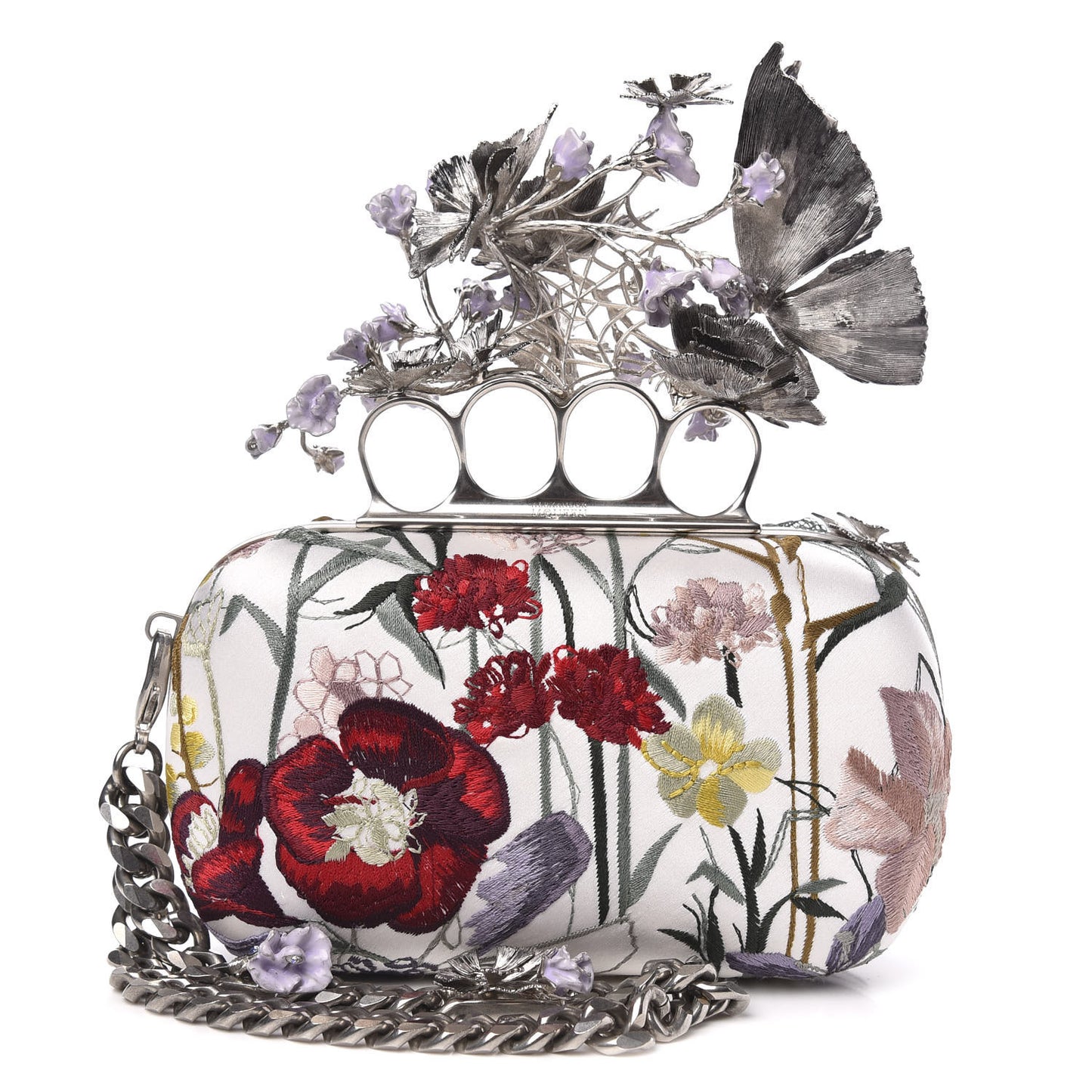 Satin Embroidered Flower Butterfly Knuckle Duster Box Clutch White Multicolor