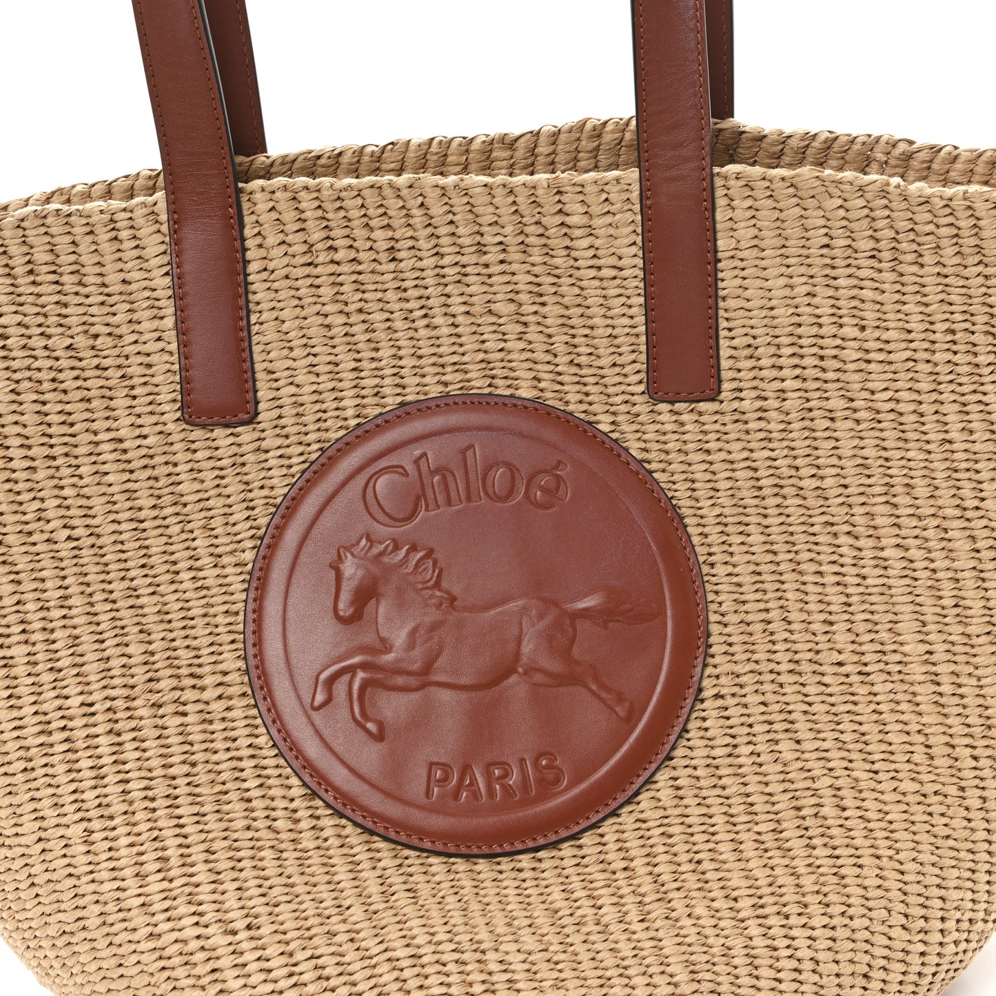 Raffia Calfskin Horse Medal Large Basket Tote Sepia Brown