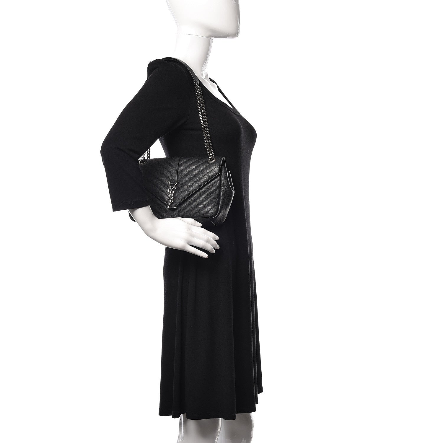 Saint Laurent Grained Calfskin Matelasse Chevron Medium Monogram Chain Bag Black 2 of 10