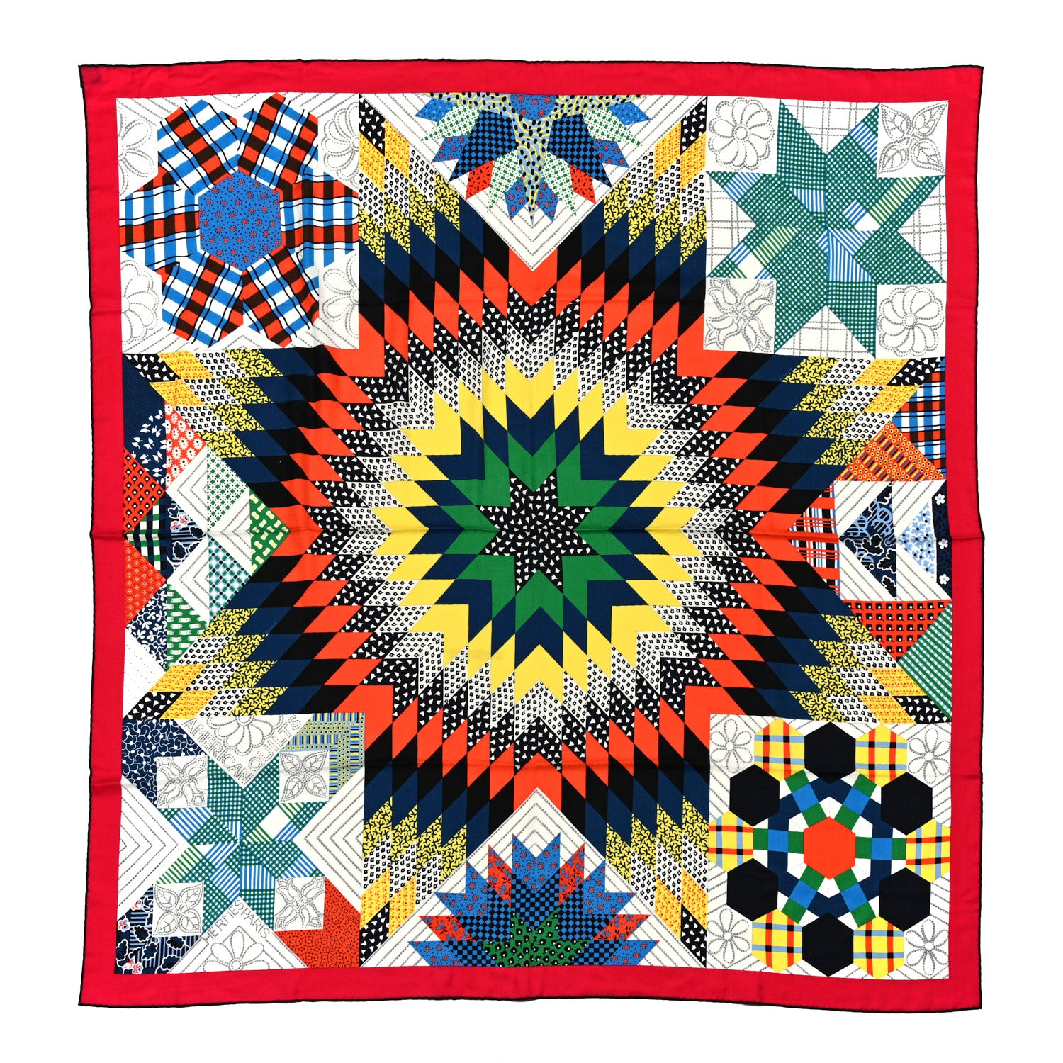 Hermes Cashmere Silk American Quilts Shawl 140 Fuchsia Black Multicolor 1 of 6