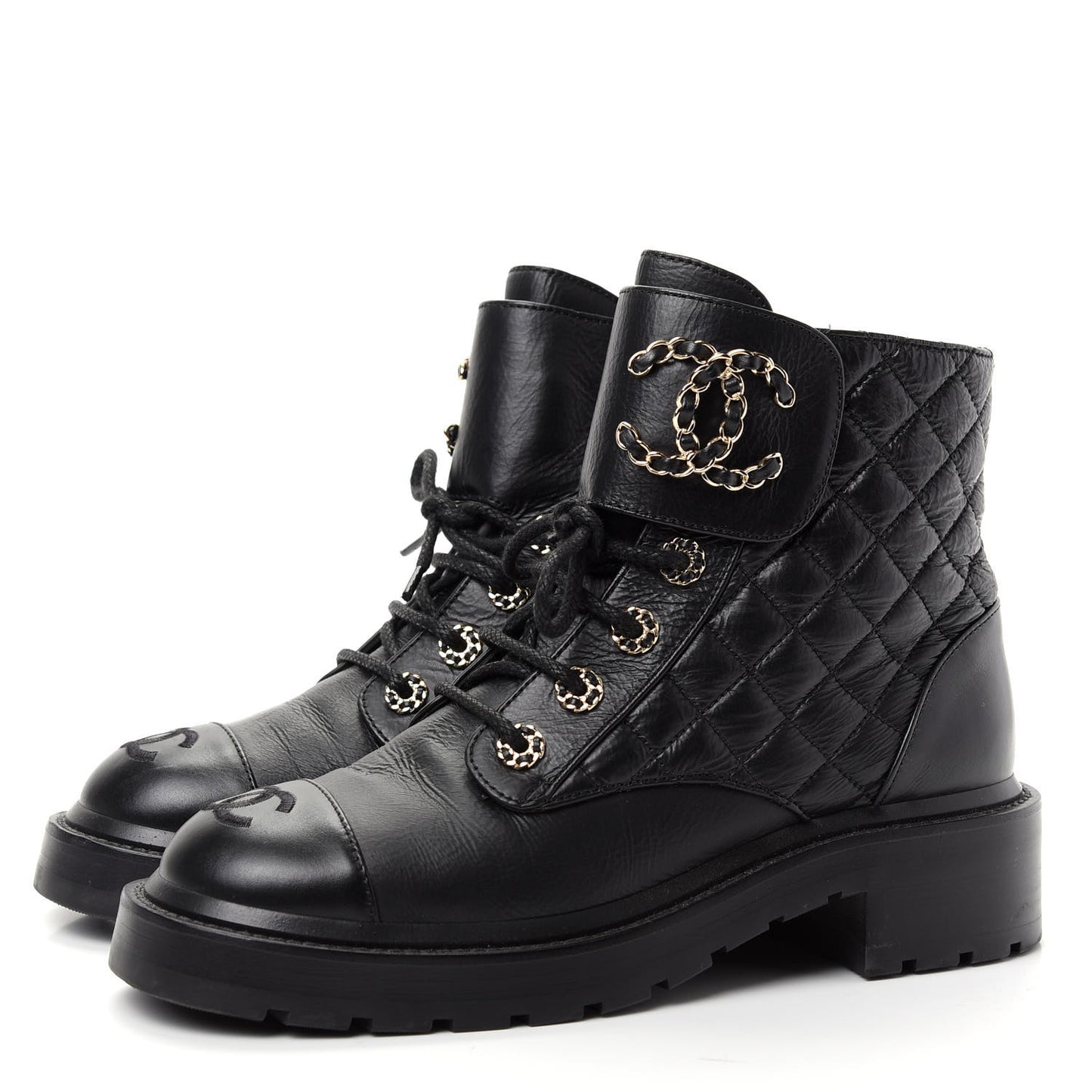 Shiny Goatskin Calfskin Quilted Lace Up Combat Boots 38 Black