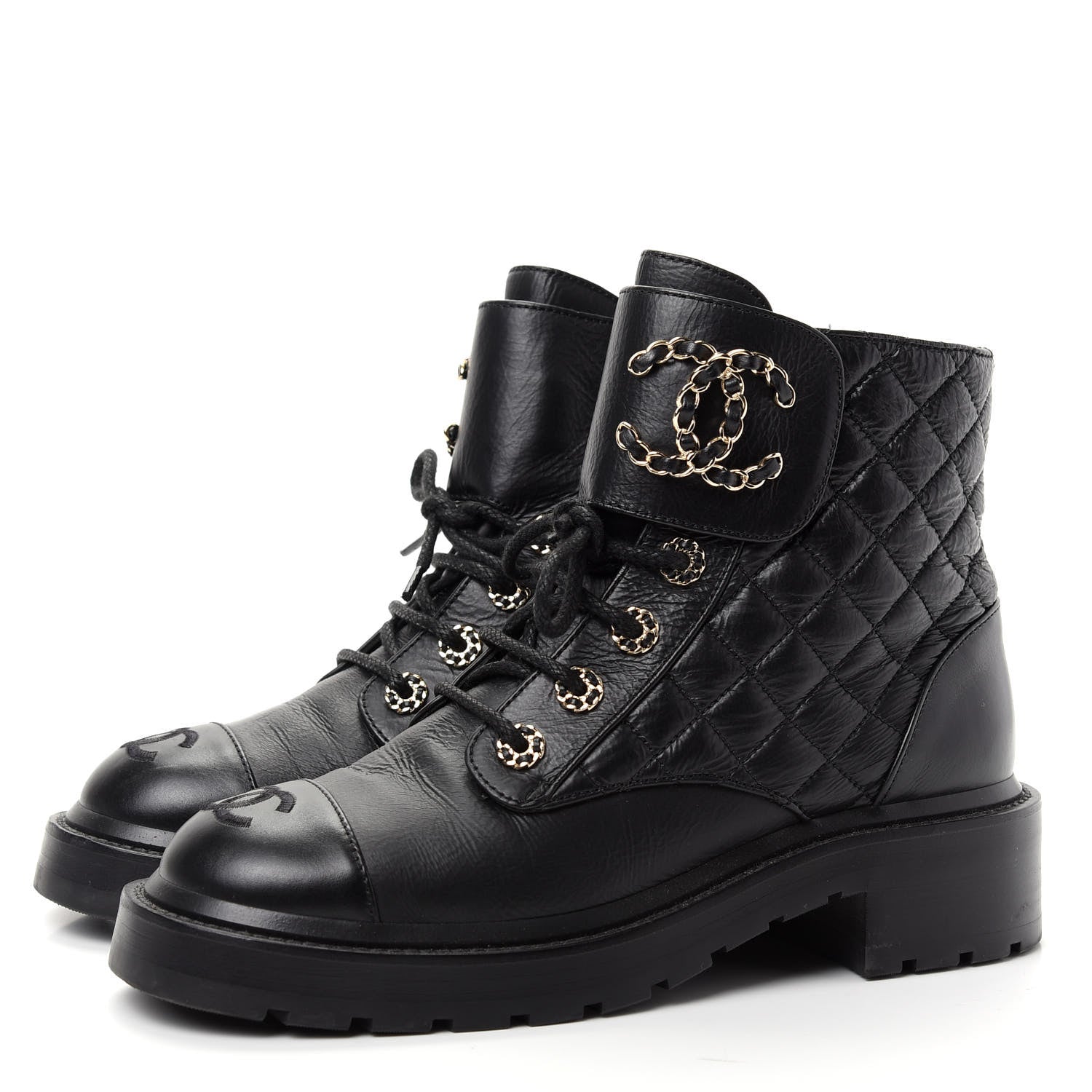 Chanel Shiny Goatskin Calfskin Quilted Lace Up Combat Boots 38 Black 3 of 10