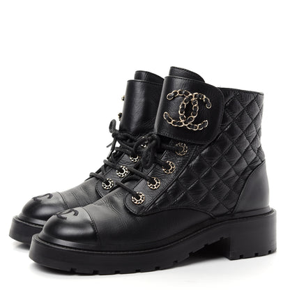Chanel Shiny Goatskin Calfskin Quilted Lace Up Combat Boots 38 Black 3 of 10