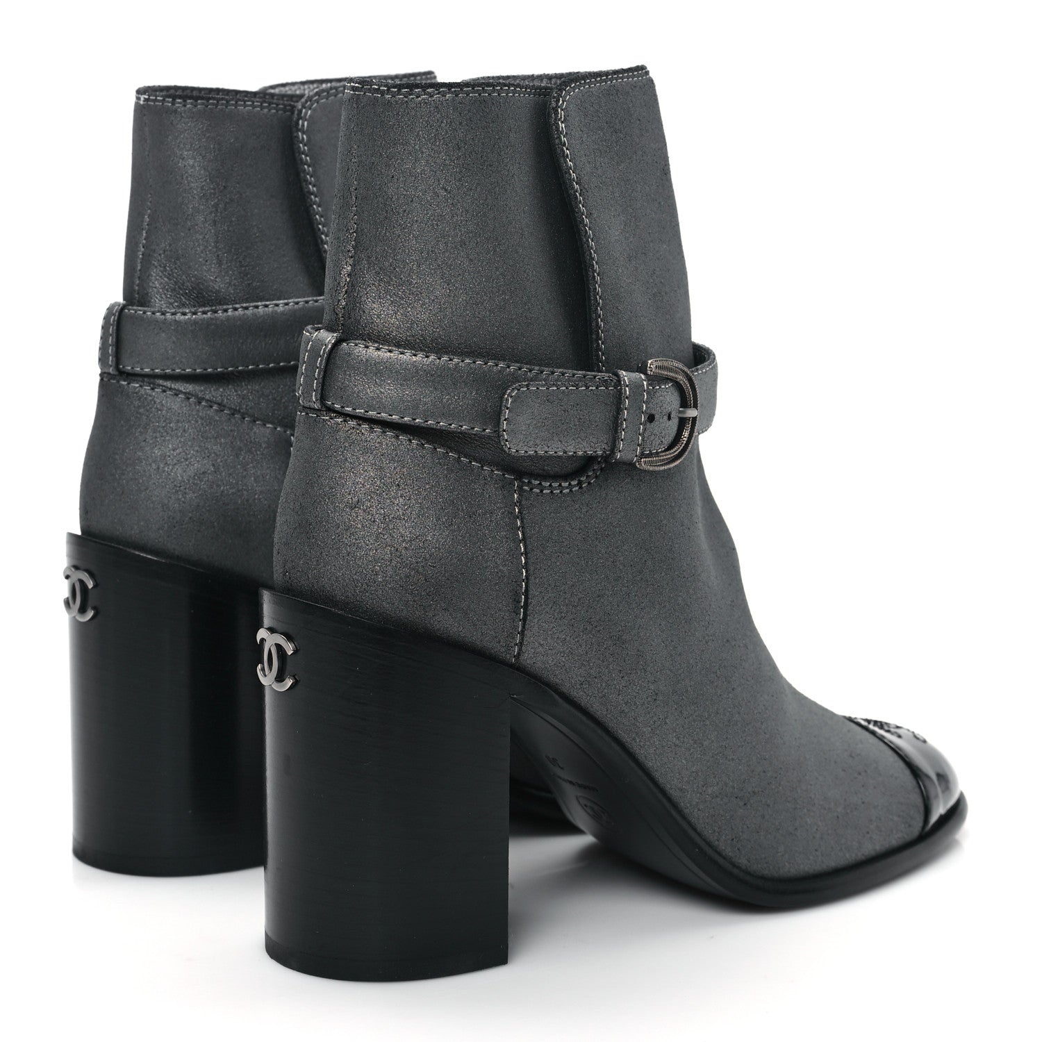 Chanel Suede Kidskin Patent Cap Toe Interlocking CC Ankle Boots 39 Dark Silver Black 4 of 9