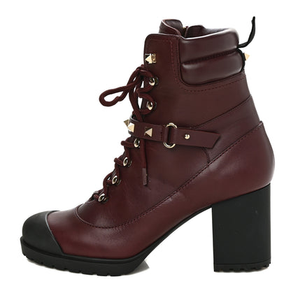 Valentino Garavani Calfskin Rockstud Cap Toe Combat Boots 37 Burgundy Black 1 of 9