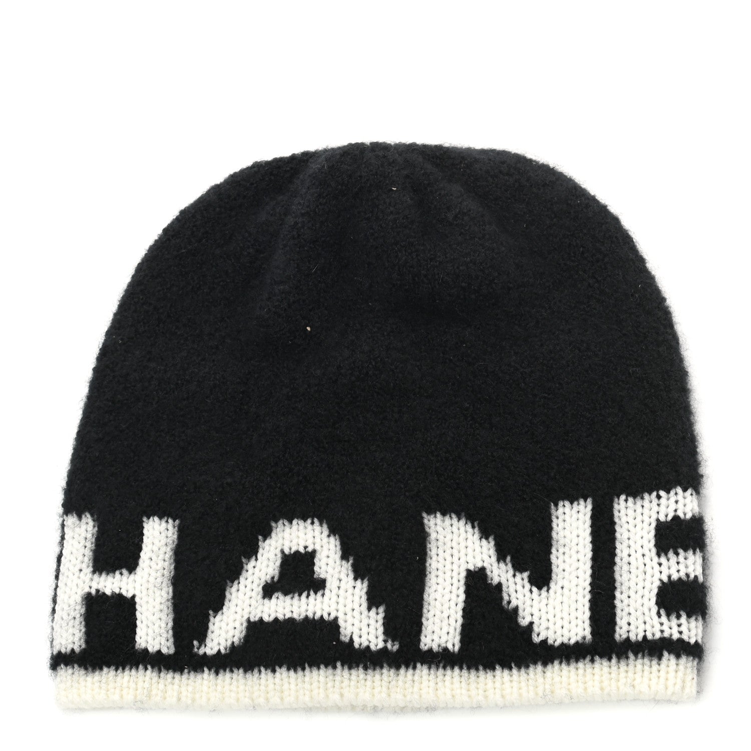 Chanel Cashmere Wool Silk Logo Beanie Hat Black White 1 of 5