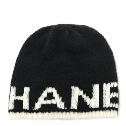 Chanel Cashmere Wool Silk Logo Beanie Hat Black White 1 of 5