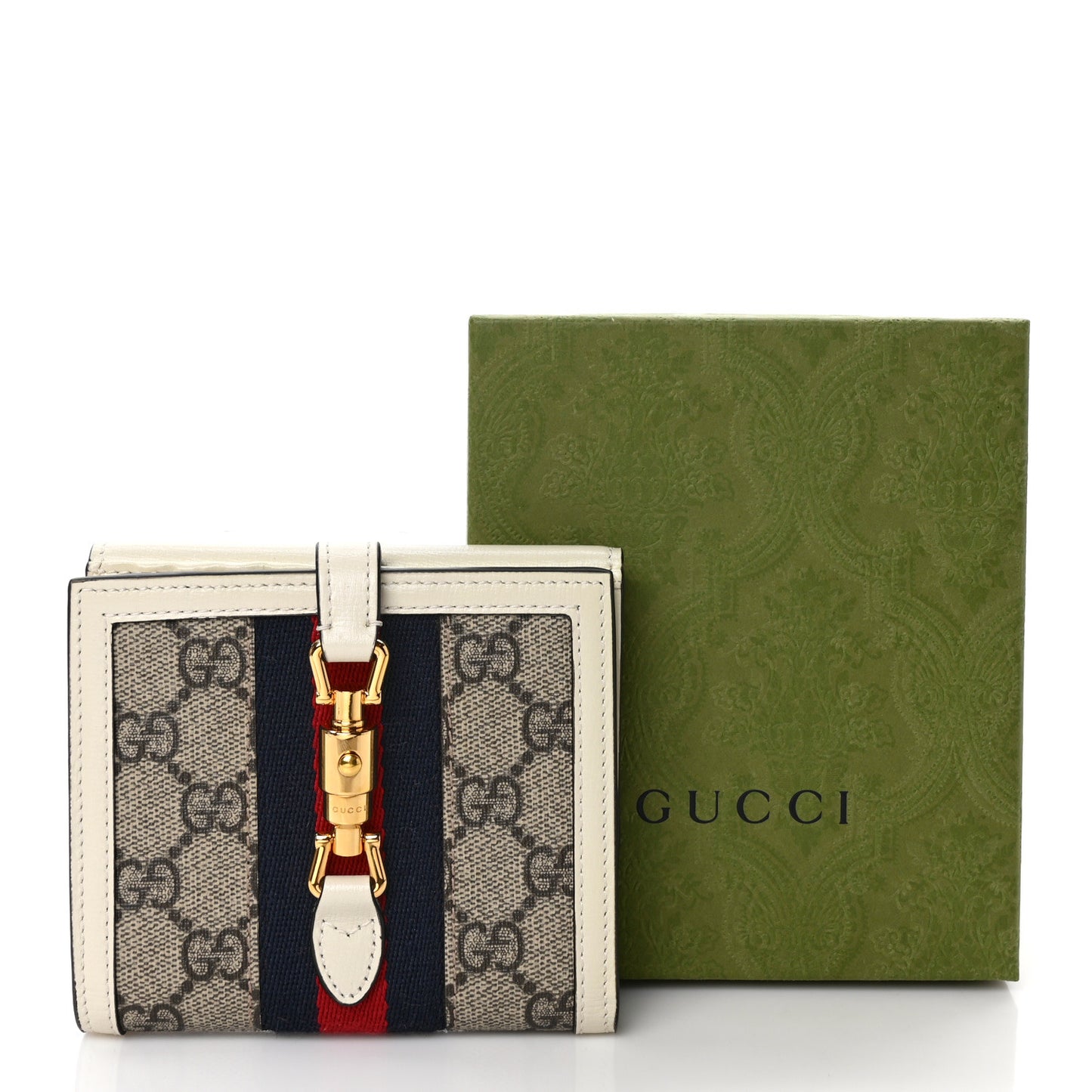 GG Supreme Monogram Textured Calfskin Web Jackie 1961 French Flap Wallet Beige Ebony Mystic White