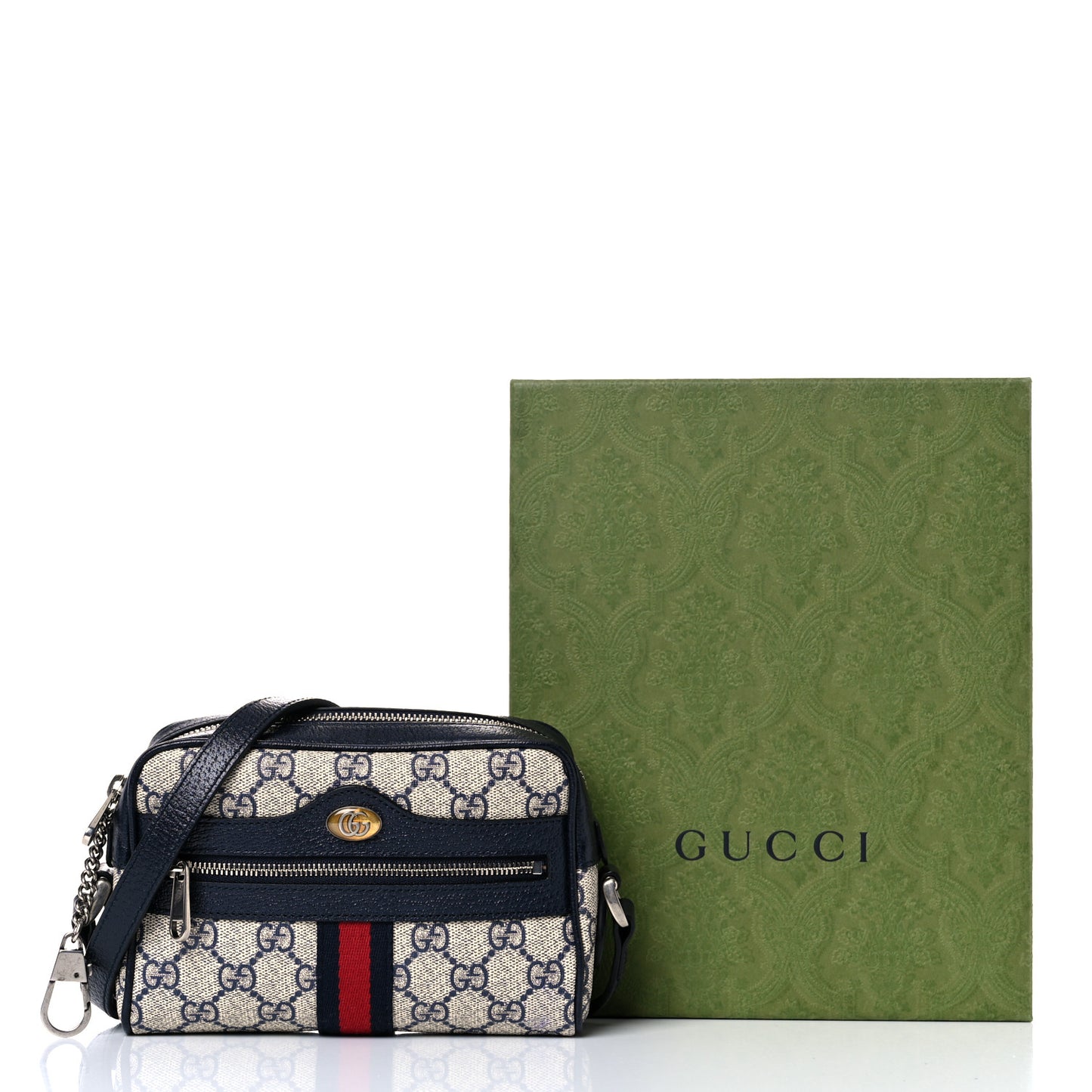GG Supreme Monogram Textured Dollar Calfskin Web Mini Ophidia Shoulder Bag Beige Blue