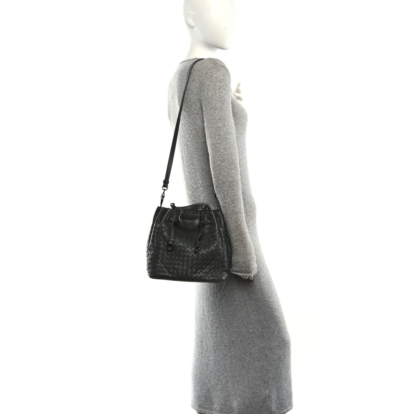 Nappa Intrecciato Drawstring Bucket Bag Grey