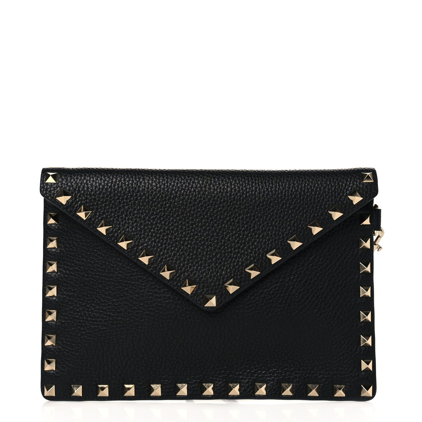 Pebbled Calfskin Medium Rockstud Envelope Flat Wristlet Pouch Black