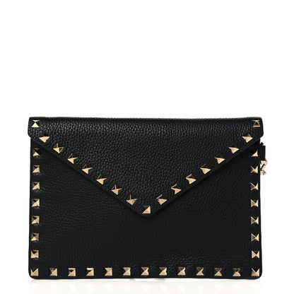 Valentino Garavani Pebbled Calfskin Medium Rockstud Envelope Flat Wristlet Pouch Black 1 of 7