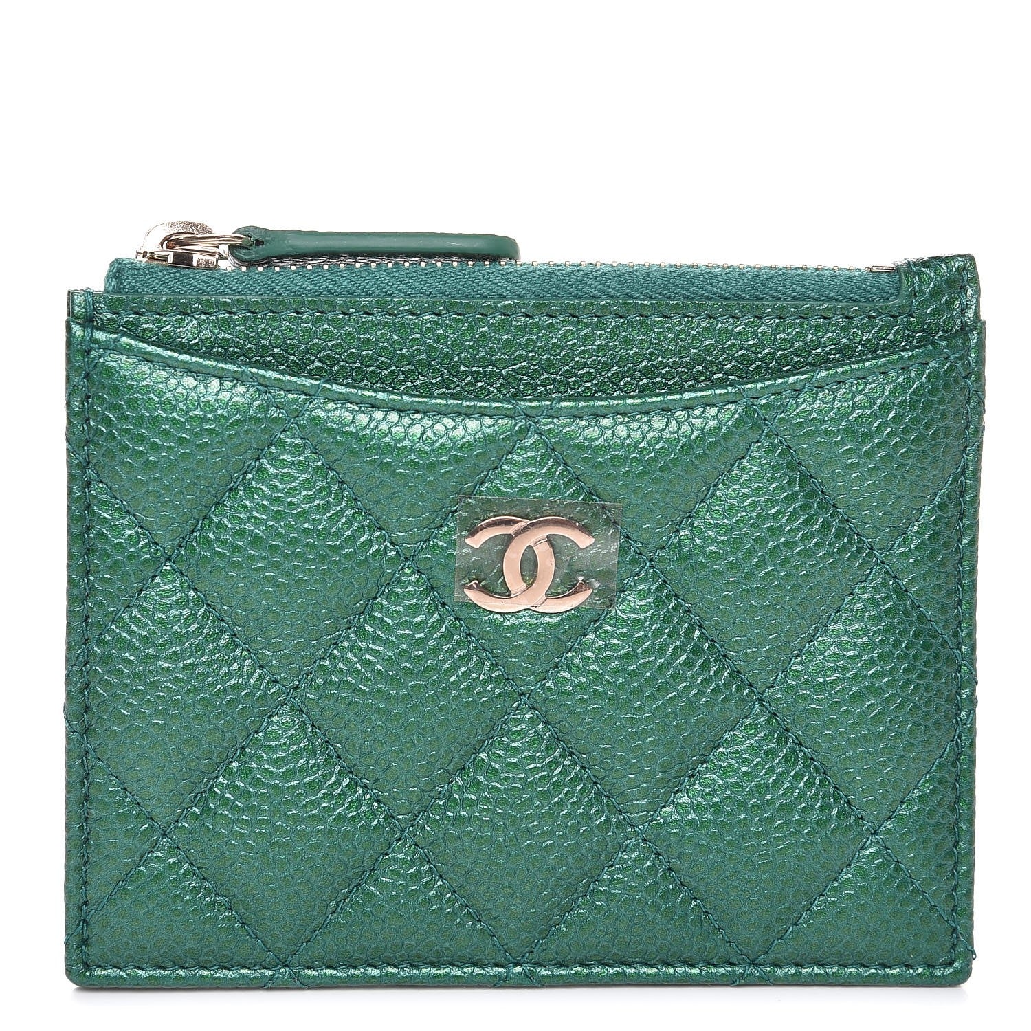 Chanel Metallic Caviar Quilted CC Zip Card Holder Green 9 of 16
