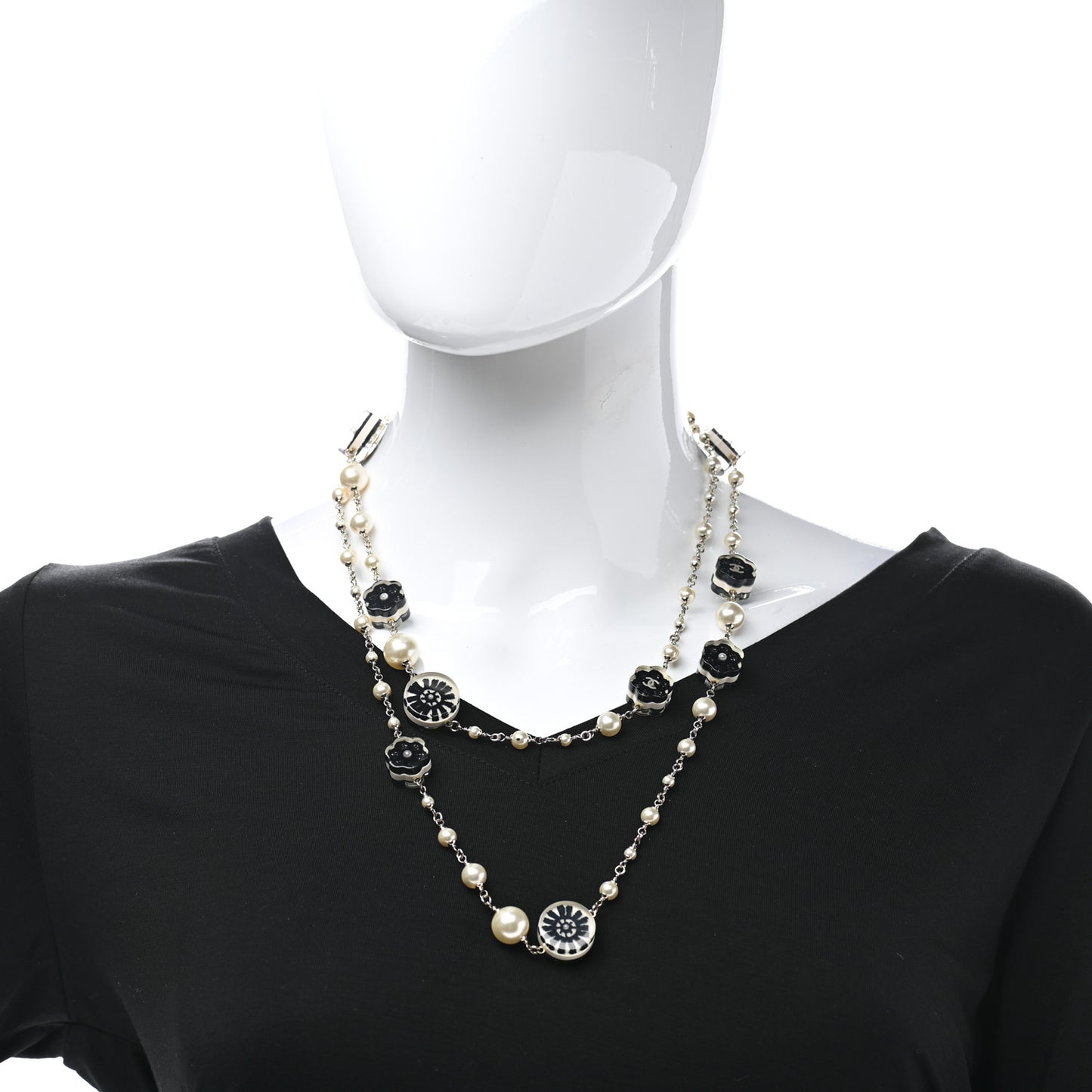 Pearl Resin Camellia CC Long Necklace Gold Pearly White Black