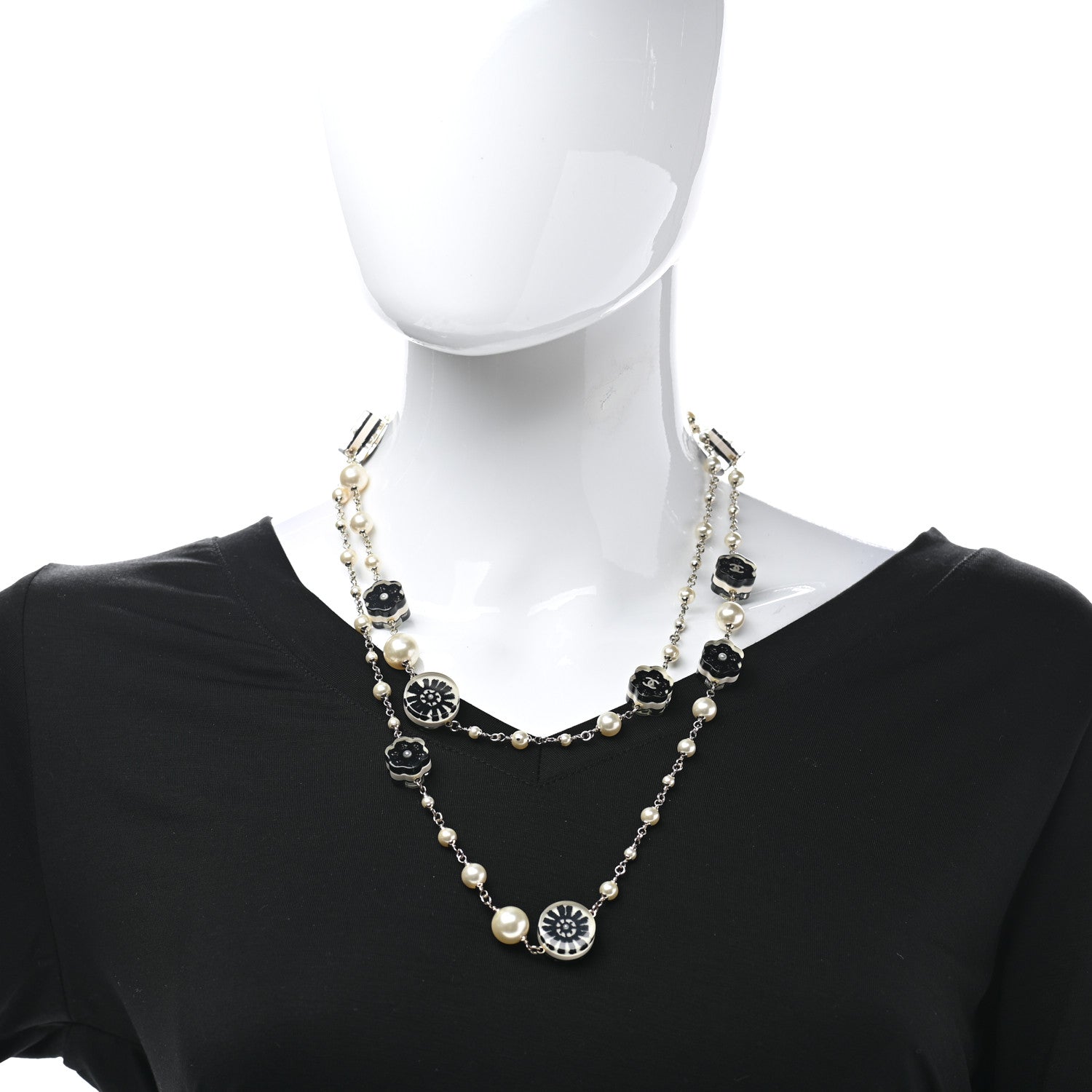Chanel Pearl Resin Camellia CC Long Necklace Gold Pearly White Black 2 of 5