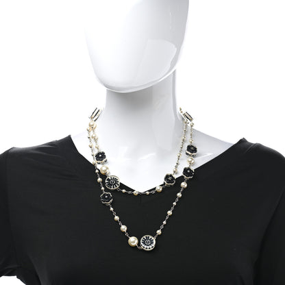 Chanel Pearl Resin Camellia CC Long Necklace Gold Pearly White Black 2 of 5