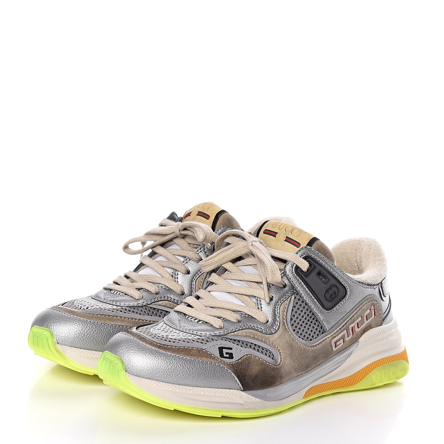 Gucci Metallic Calfskin Suede Womens Ultrapace Sneakers 36.5 Silver Oatmeal 3 of 10