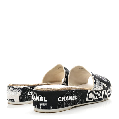 Chanel Fabric Grosgrain Printed CC Espadrille Slip On Sandals 40 Black White 5 of 10