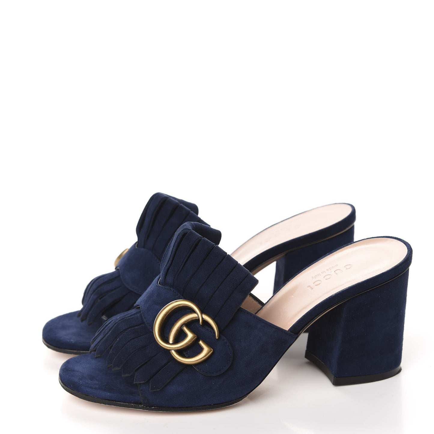 Kid Scamosciato GG Marmont Fringe 75mm Slide Sandals 35.5 Blue Ink