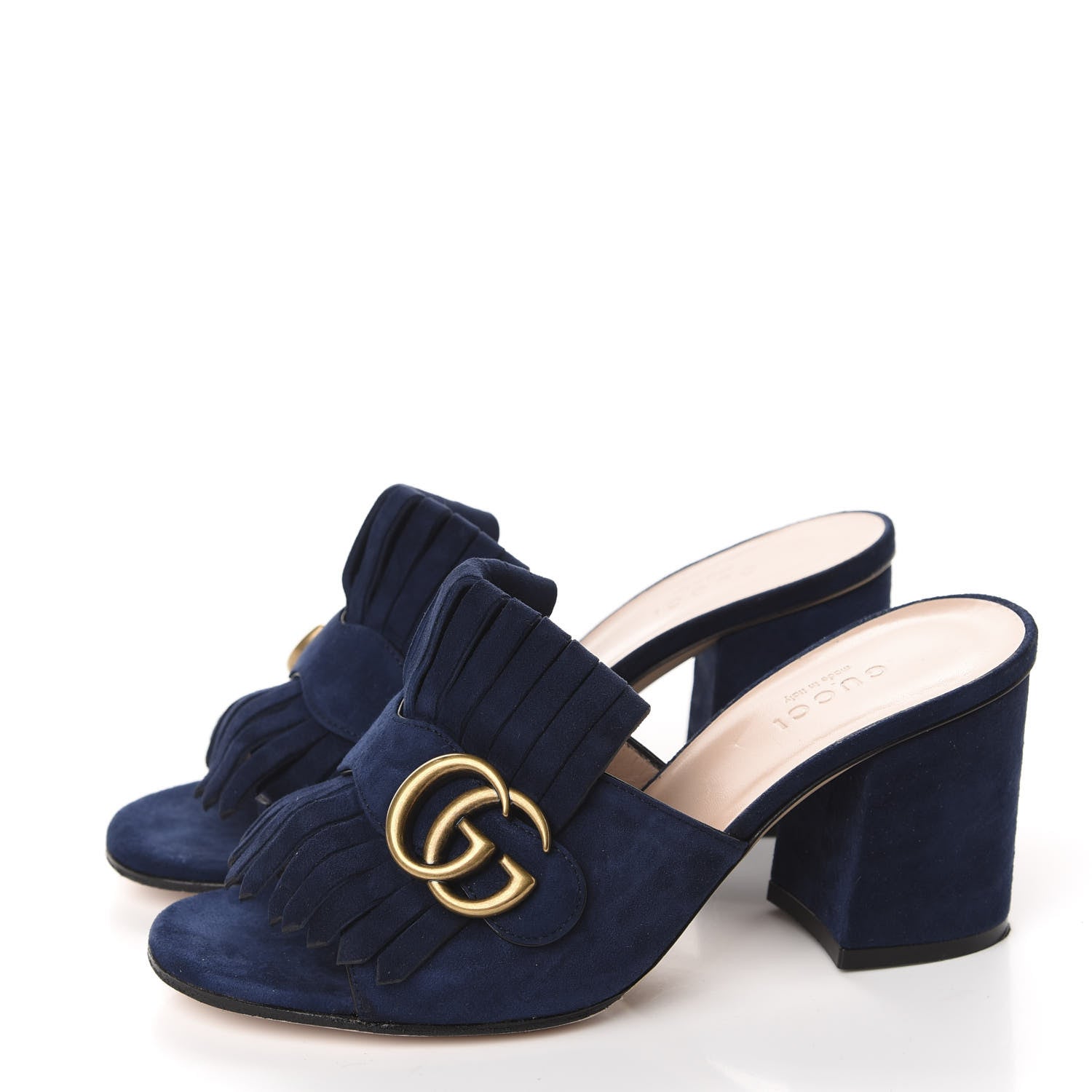 Gucci Kid Scamosciato GG Marmont Fringe 75mm Slide Sandals 35.5 Blue Ink 3 of 9