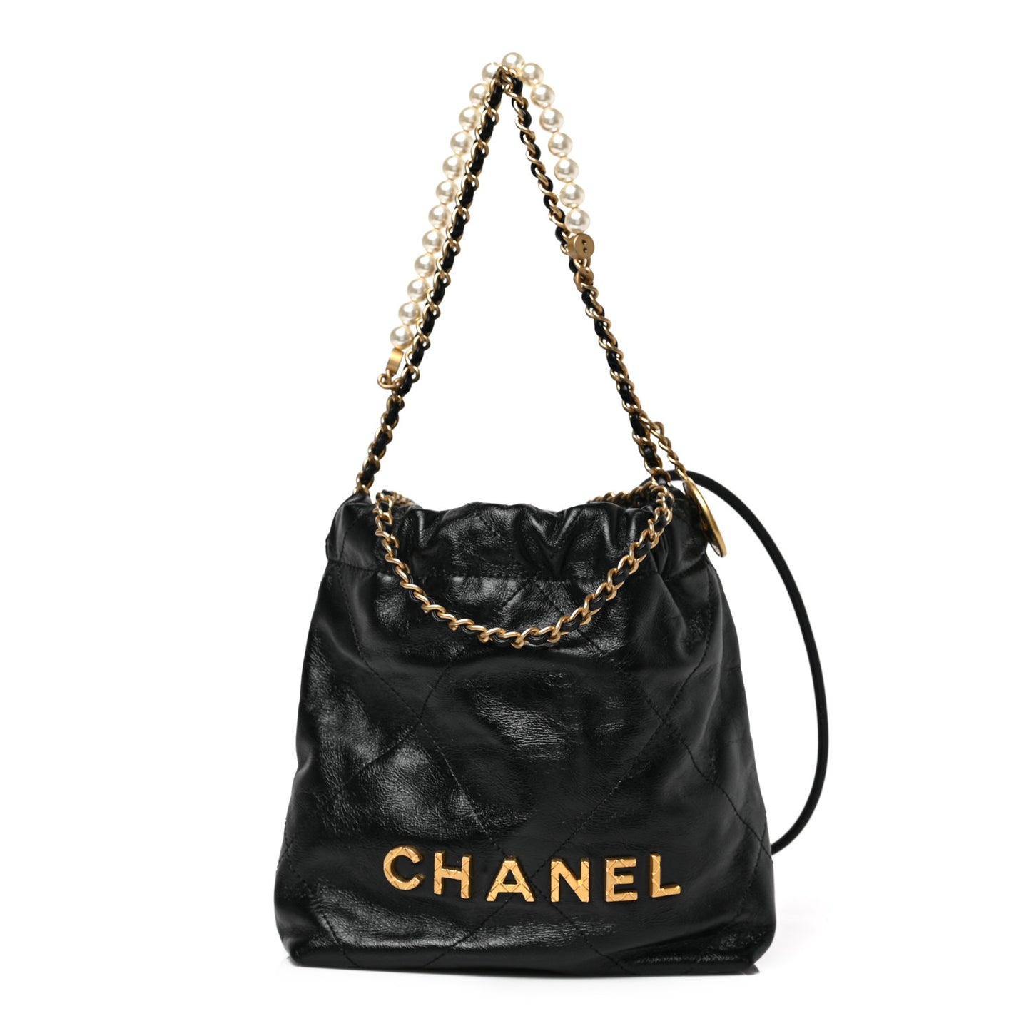 Shiny Crumpled Calfskin Quilted Pearl Mini Chanel 22 Black