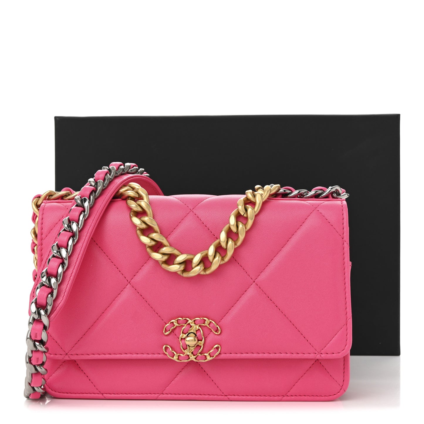 Lambskin Quilted Chanel 19 Wallet On Chain WOC Dark Pink