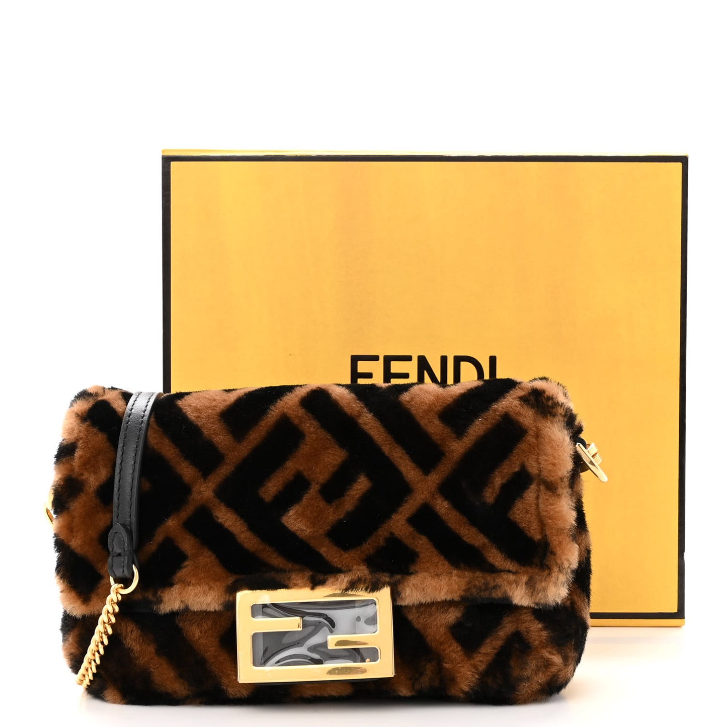 Shearling Vitello Dolce Macro FF 1974 Mini Baguette Tobacco Black