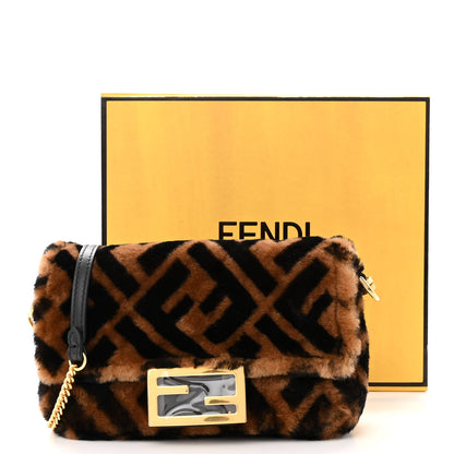 Fendi Shearling Vitello Dolce Macro FF 1974 Mini Baguette Tobacco Black 10 of 10