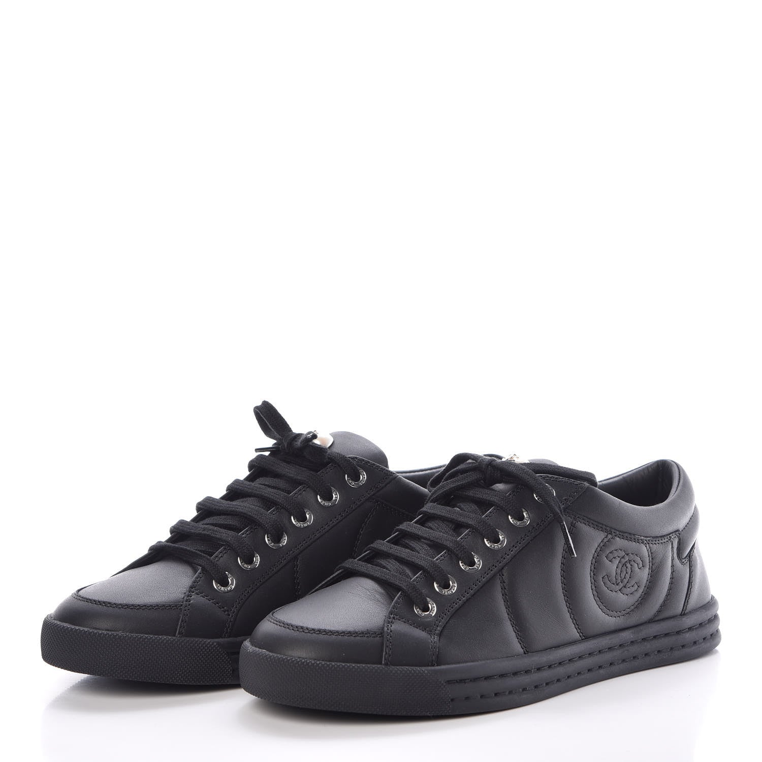Chanel Oily Calfskin Pearl Low Top CC Sneakers 37.5 Black 3 of 9